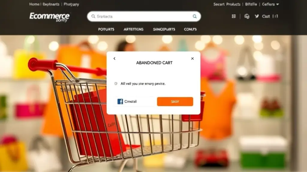 E-commerce website showcasing products in shopping cart, abandoned cart reminder popup, Carrinho de compras online com lembrete de remarketing. E-commerce Brasil.