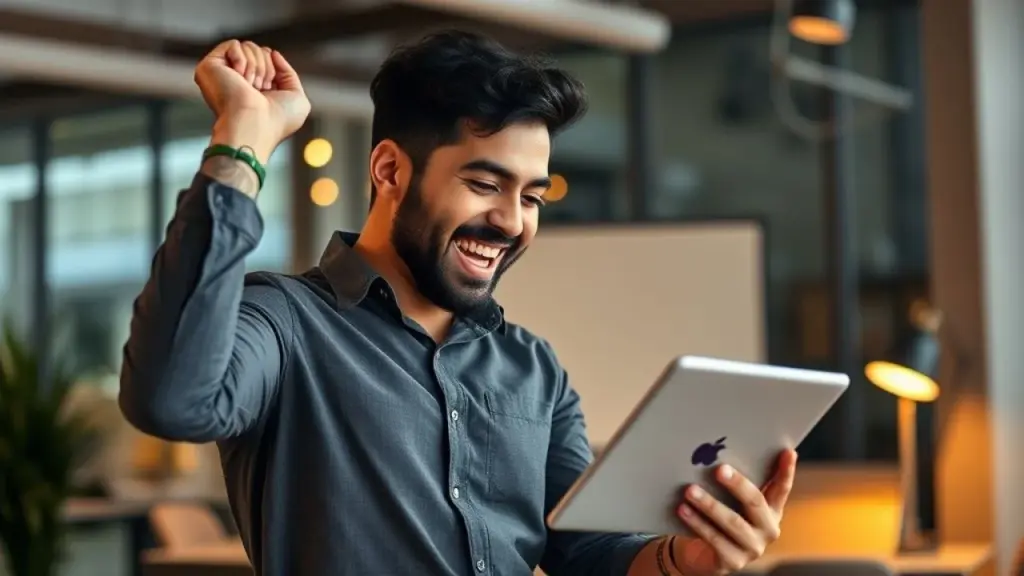 Enthusiastic Brazilian entrepreneur celebrating success while looking at Instagram Ads performance Empreendedor brasileiro comemora sucesso dos anúncios no Instagram.