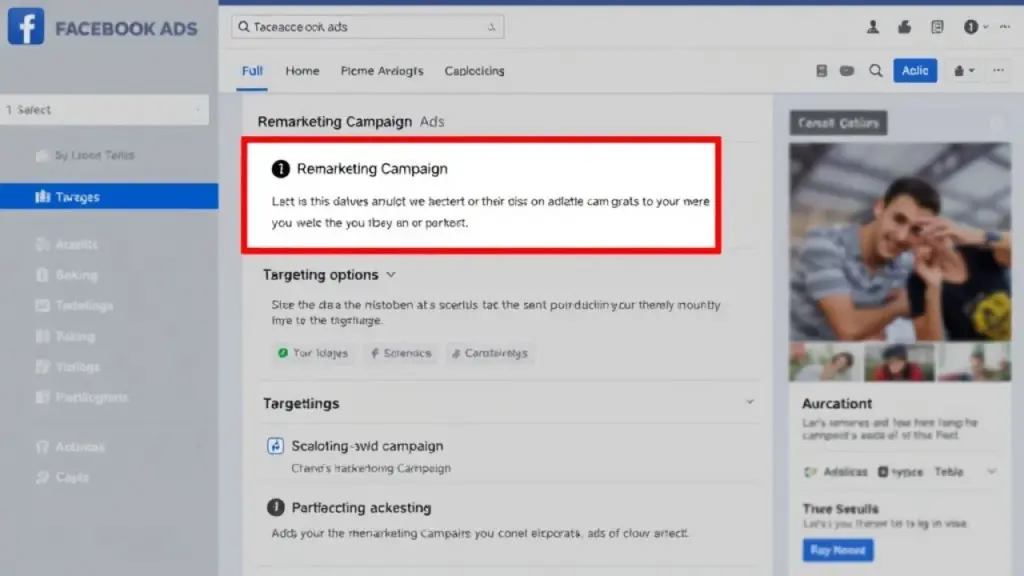 Facebook Ads interface showing remarketing campaign setup, targeting options highlighted, Interface do Facebook Ads com configurações de remarketing.