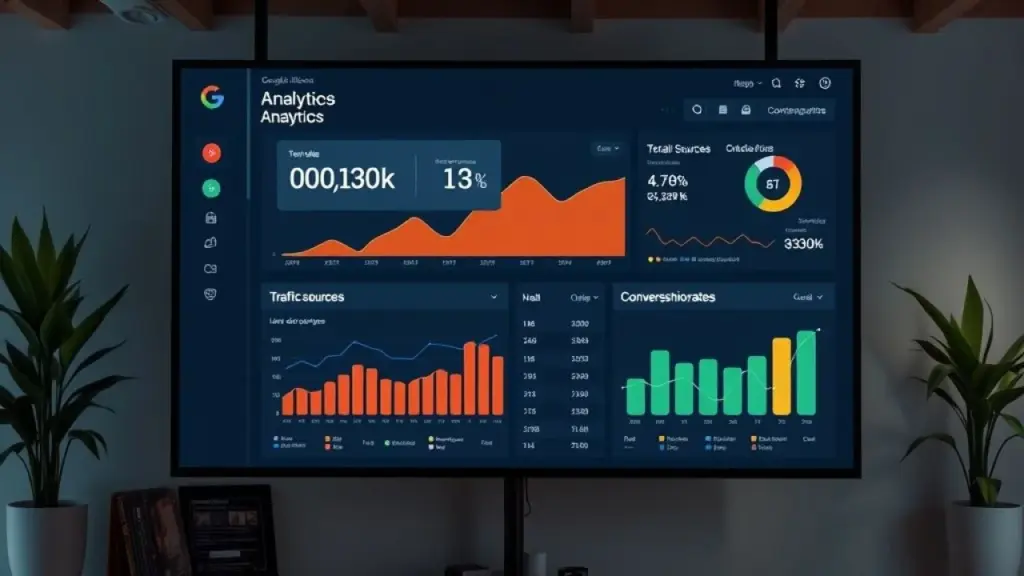 Google Analytics dashboard interface with key metrics highlighted, including traffic sources, user Painel do Google Analytics com principais métricas em destaque.