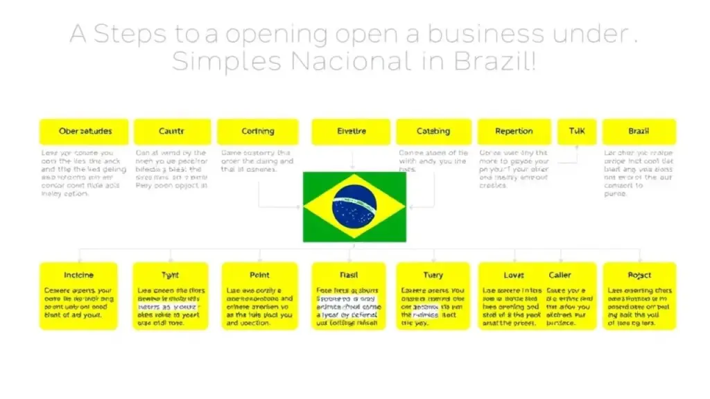 Graphic illustration of a simplified flowchart depicting the steps to opening a business under Fluxograma simplificado: Abertura de empresa Simples Nacional no Brasil