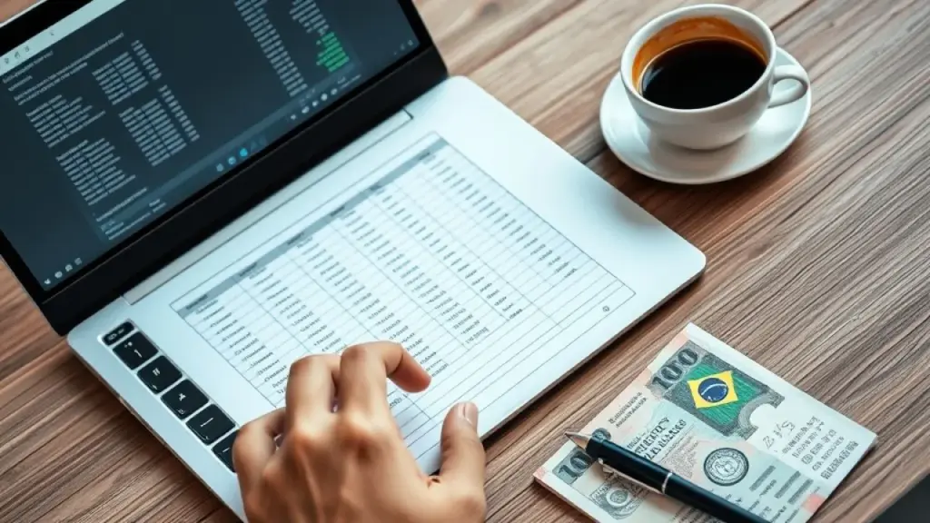 Hands entering financial data into a spreadsheet on a laptop, professional product photography, Inserindo dados financeiros em planilha no laptop para organizar contabilidade.