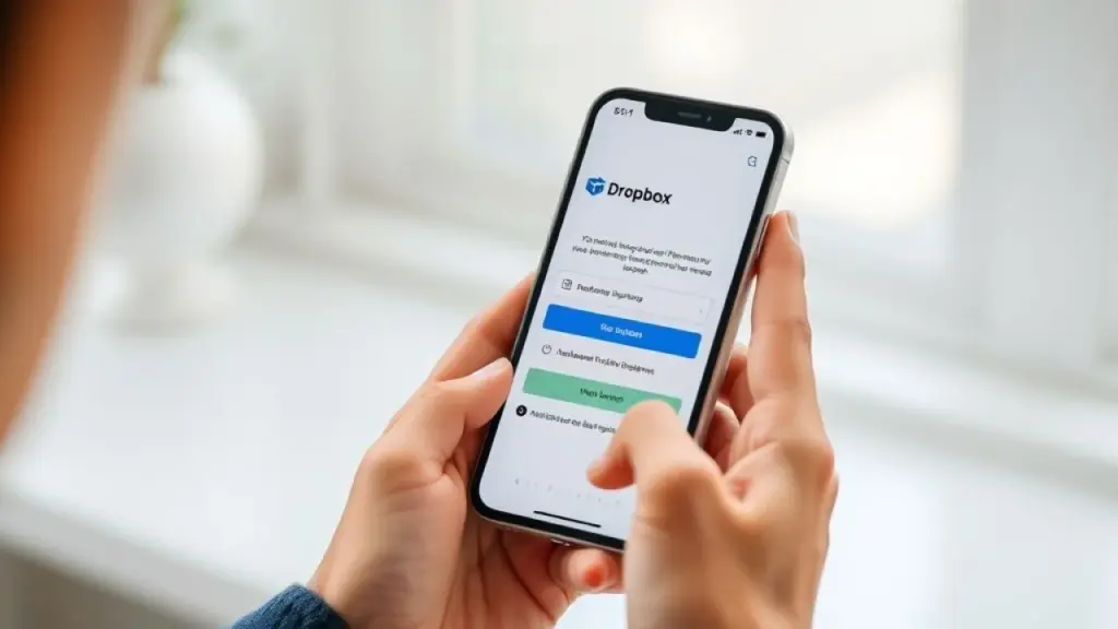 Hands holding a smartphone displaying the Dropbox referral program interface with a Brazilian user Programa de Indicação Dropbox em Celular no Brasil