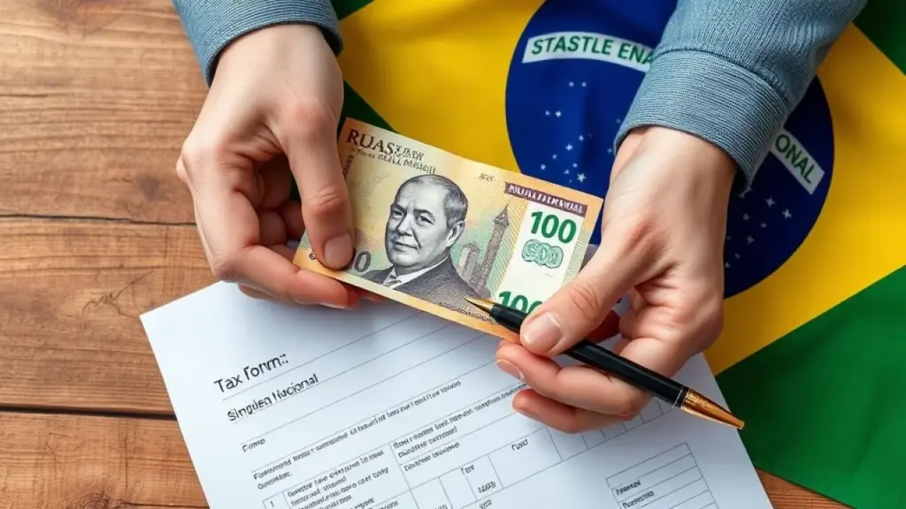 Hands holding Brazilian currency (Real) and a pen over a Simples Nacional tax form. Professional Pagamento de impostos do Simples Nacional no Brasil.