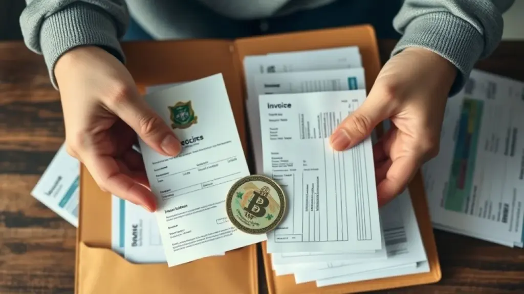 Hands holding receipts and invoices organized in folders, professional still life photography, Comprovantes de despesas dedutíveis organizados em pastas.