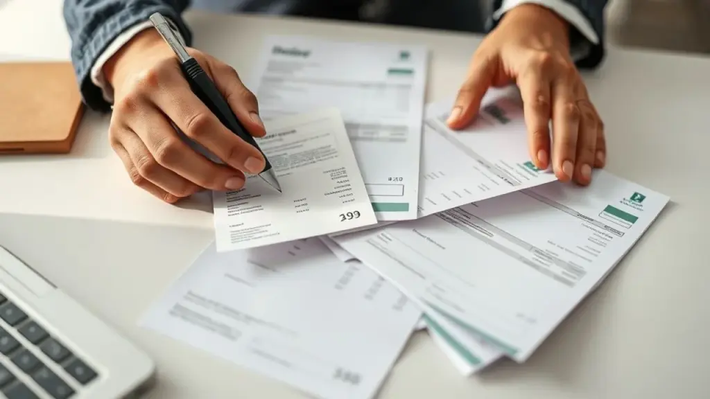 Hands organizing receipts and invoices on a clean desk, professional lifestyle photography, natural Organizando documentos financeiros. Contabilidade eficiente para empresas.