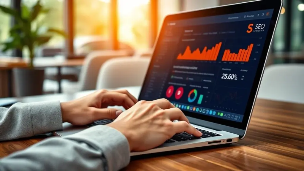 Hands typing on a laptop with a website optimization dashboard visible, professional lifestyle Otimização de site em laptop em escritório no Brasil