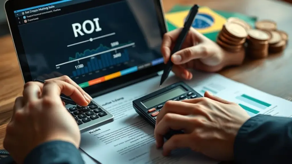 Hands using calculator and pen over marketing report, with ROI formula displayed on a nearby laptop Calculando ROI de campanha de marketing com calculadora e laptop.