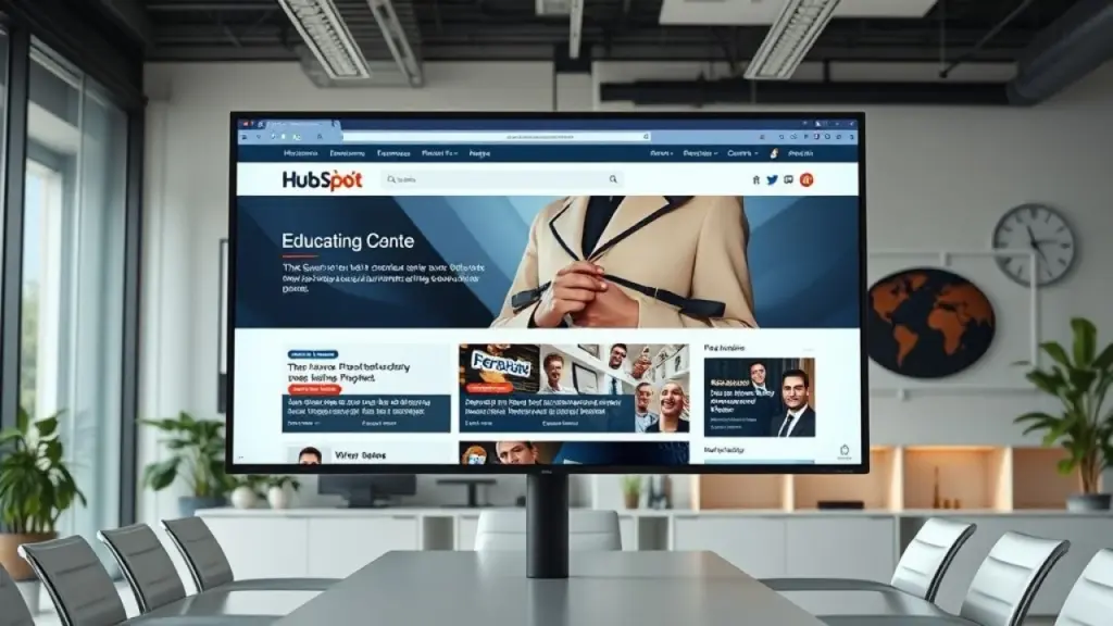 HubSpot's website homepage displayed on a large monitor in a modern Brazilian office, showing blog Página inicial do site da HubSpot exibida em monitor em escritório brasileiro.