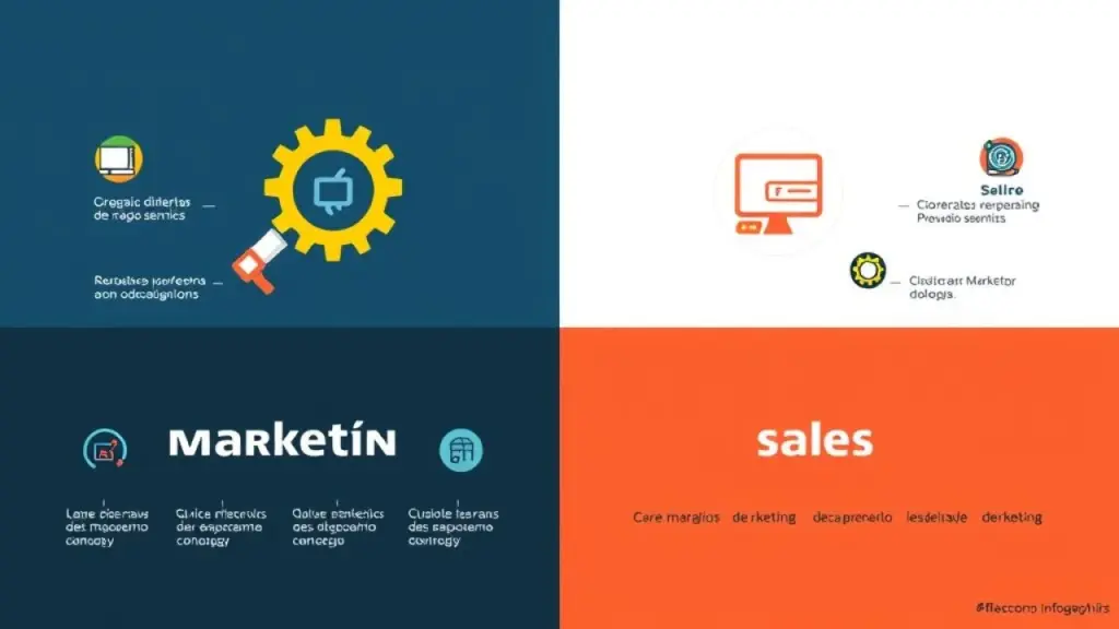 Infographic comparing 'Marketing' and 'Sales' with icons representing each function, clean and Infográfico comparando Marketing e Vendas: Foco, Público, Objetivo.