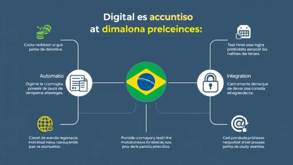 Infographic showing the benefits of digital accounting for a Brazilian small business. Icons Infográfico: Benefícios da contabilidade digital para pequenas empresas.