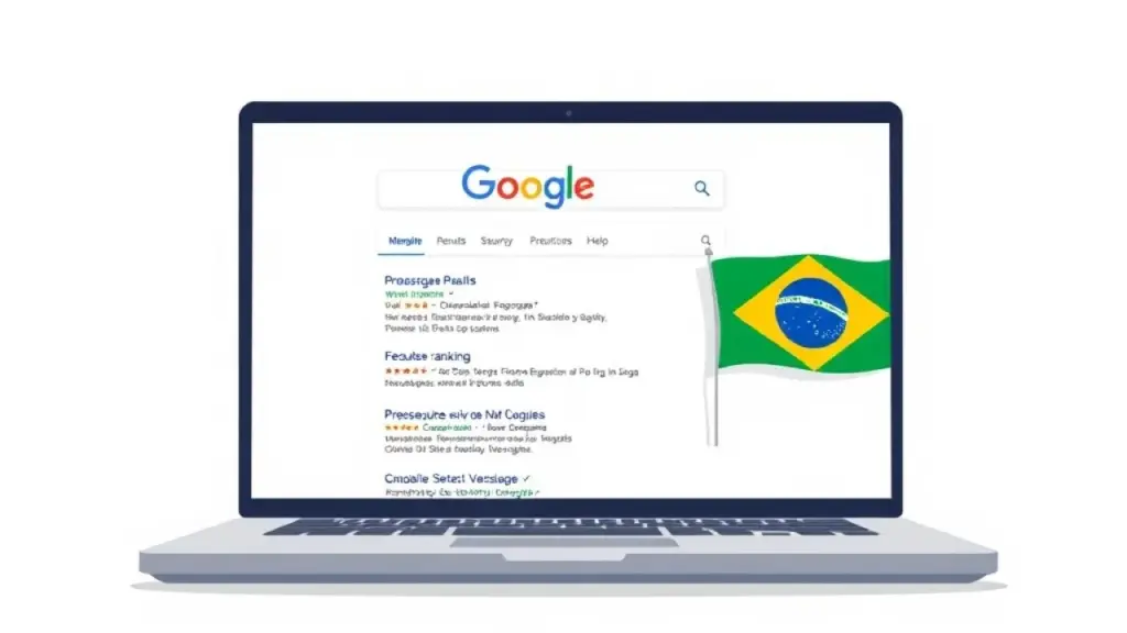 Infographic-style image: Google search results page on a laptop screen showing a website ranking at Site no topo dos resultados de busca do Google no Brasil