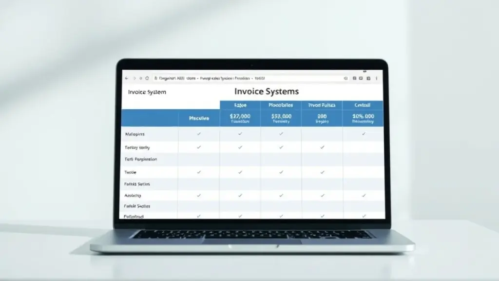 Laptop displaying a comparison table of different invoice systems, professional product Tabela comparativa de sistemas emissores de nota fiscal em laptop. Escolha inteligente e eficiente.
