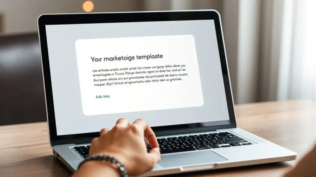 Laptop displaying an email marketing campaign template with a friendly and personalized message in Email marketing em português no laptop. Conecte-se com seus clientes.