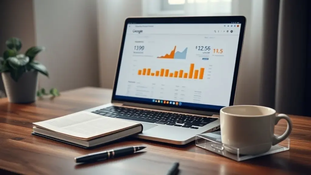Laptop displaying Google Analytics dashboard with key marketing metrics, alongside a notebook and Dashboard do Google Analytics mostrando métricas de marketing digital