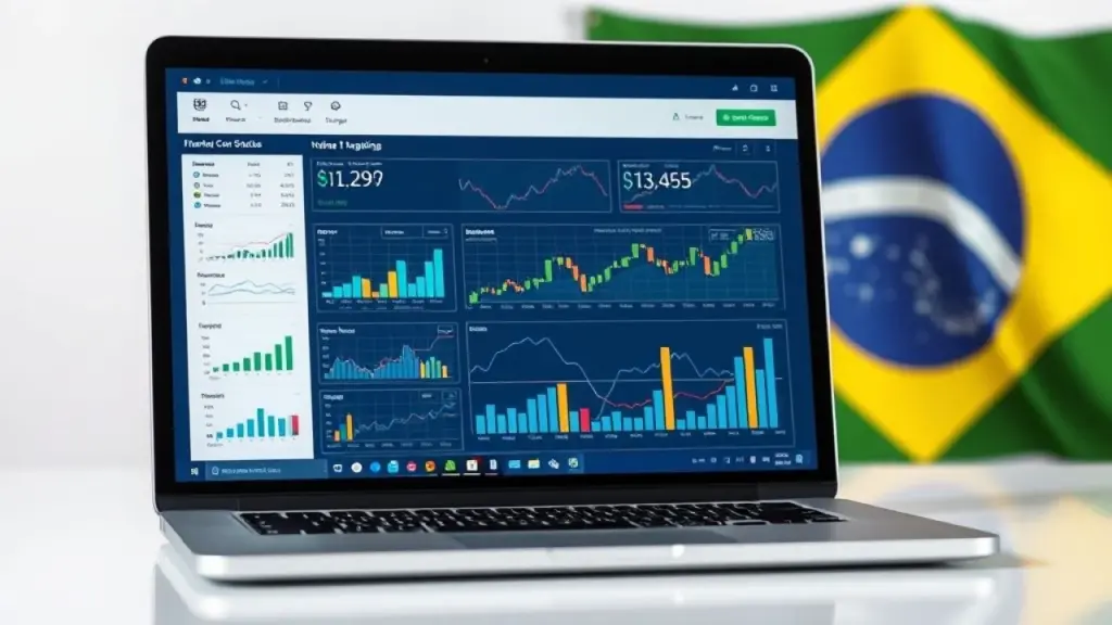 Laptop screen displaying financial charts and graphs with a Brazilian flag subtly in the Gráficos financeiros em tela de laptop com a bandeira do Brasil ao fundo, consultoria online.
