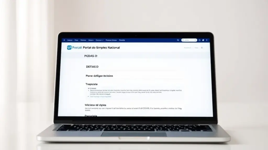 Laptop screen showing the Portal do Simples Nacional with the PGDAS-D and DEFIS options Tela de laptop mostrando o Portal do Simples Nacional com opções PGDAS-D e DEFIS.