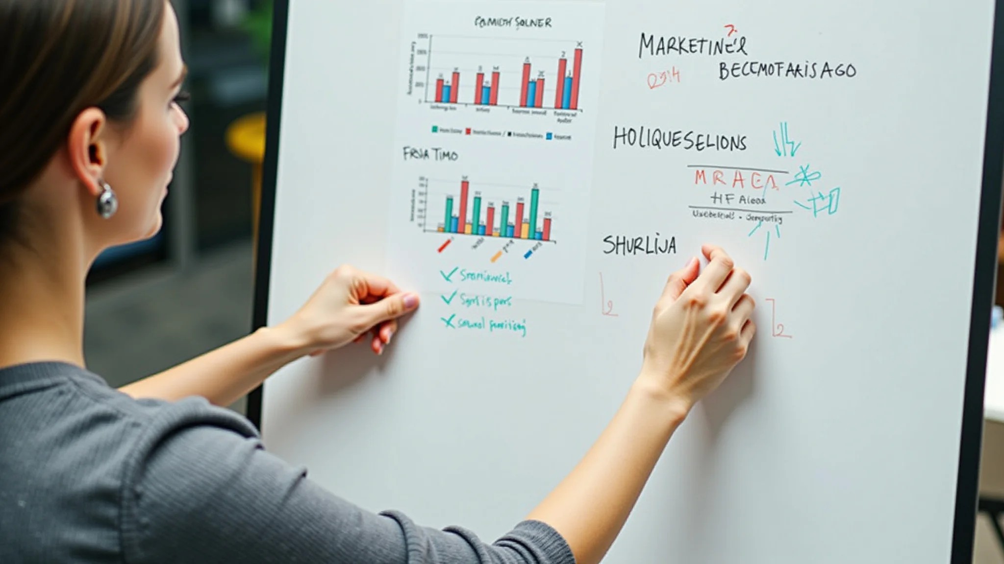 Mulher apresentando resultados de marketing em quadro branco, estilo brasileiro.