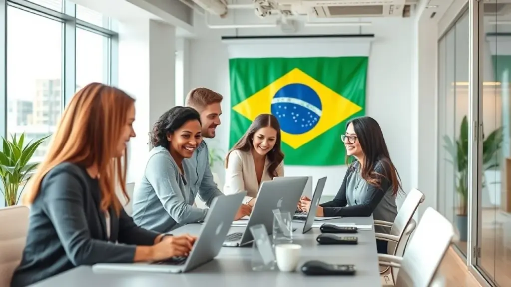 Modern accounting office with a diverse team working collaboratively, professional office Equipe diversa trabalhando em escritório de contabilidade terceirizada no Brasil.