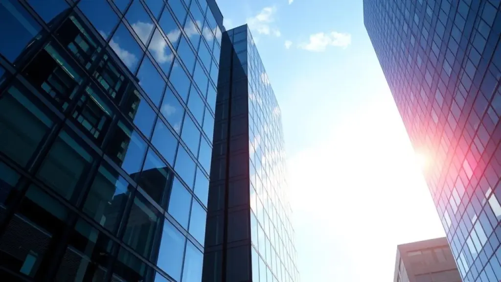 Modern Brazilian office building with glass facade reflecting the sky, representing a company Prédio comercial representando o Lucro Presumido.