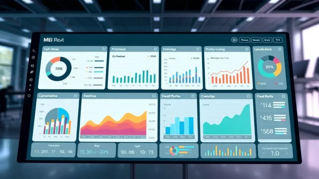 Modern digital dashboard showing MEI financial reports, clean interface, charts and graphs, Painel digital com relatórios financeiros para MEI em português.