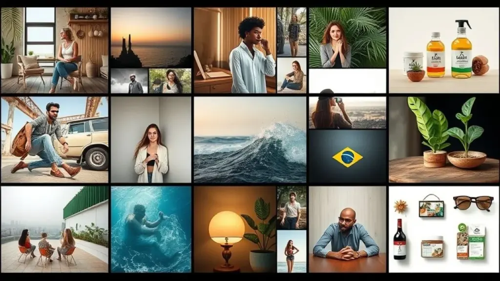 Mood board with diverse images representing different customer segments, including photos of Mood board representando diferentes personas de clientes no Brasil.