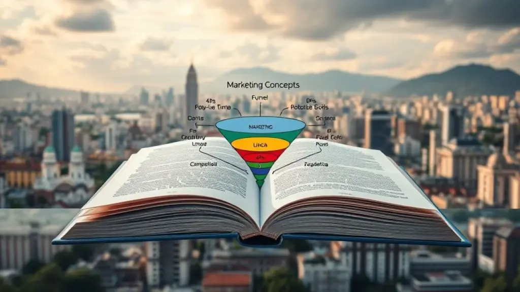 Open book with a diagram illustrating marketing concepts (4Ps, Funnel) overlaid on a vibrant Conceitos de marketing aplicados em São Paulo. Aprenda e impulsione seus negócios!