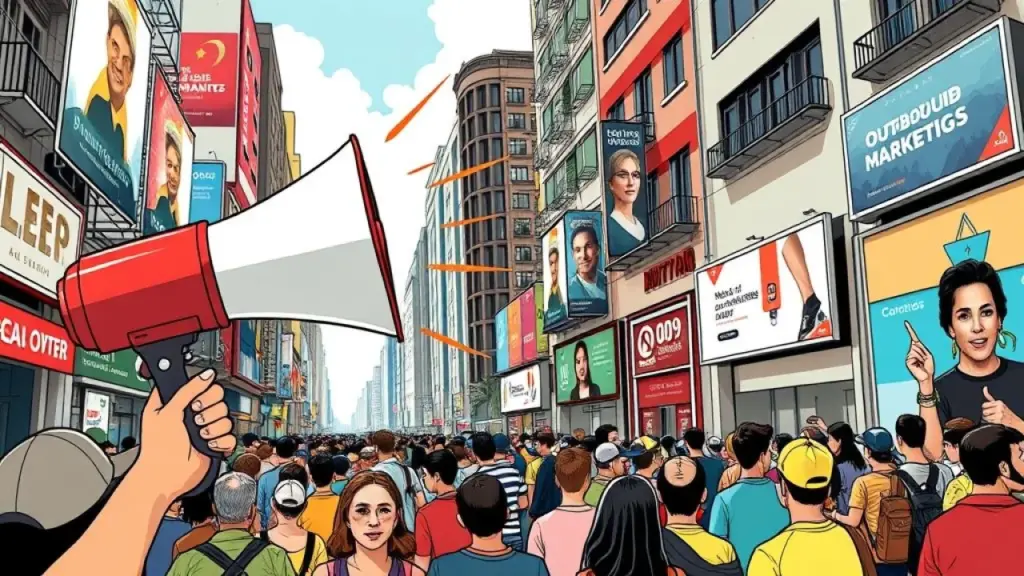 Outbound marketing illustration: Megaphone blasting message directly at uninterested people in a Mega-fone divulgando mensagem em rua movimentada, Outbound Marketing.