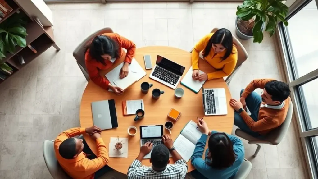 Overhead shot of a diverse group of Brazilian entrepreneurs brainstorming around a table, laptops, Grupo diverso de empreendedores brasileiros em brainstorming. Marketing para pequenas empresas.