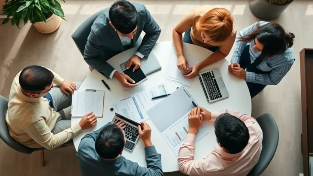 Overhead shot of a diverse group of Brazilian entrepreneurs huddled around a table, reviewing Grupo de empresários brasileiros planejando impostos.