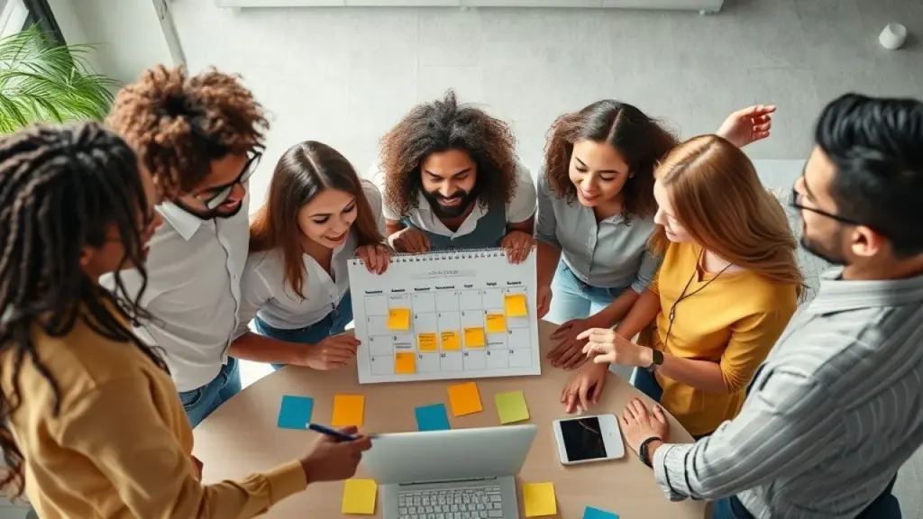 Overhead shot of a diverse group of Brazilian professionals collaborating on a social media Equipe brasileira criando calendário editorial de redes sociais em escritório moderno.
