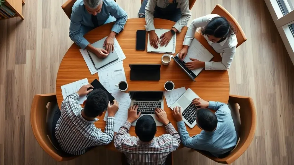 Overhead shot of a diverse group of Brazilian small business owners collaborating around a table Equipe diversa planejando finanças em pequena empresa brasileira. Trabalho em equipe e crescimento.