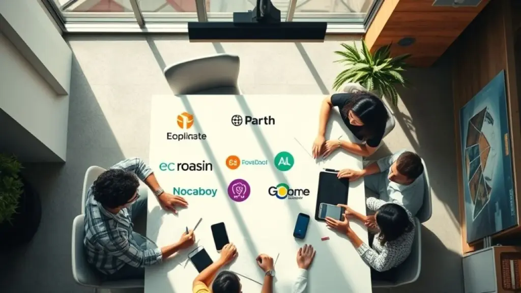 Overhead shot of a diverse group of Brazilians brainstorming around a table, brand logos subtly Equipe diversa brasileira colaborando em estratégia de brand awareness