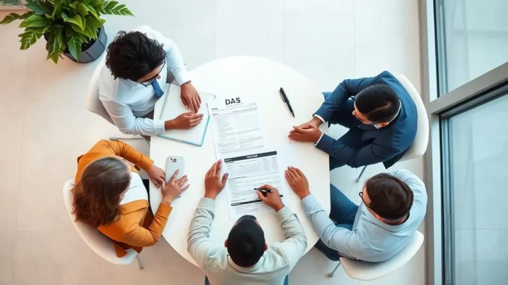 Overhead shot of a diverse team in a modern Brazilian office discussing tax documents and a DAS Equipe diversa analisando documentos fiscais do Simples Nacional em escritório moderno brasileiro.