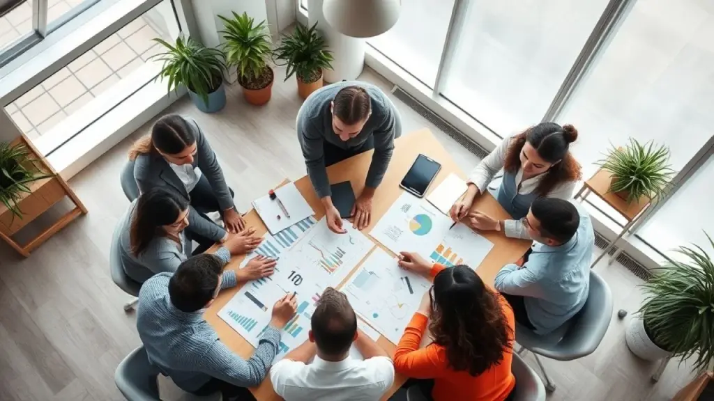 Overhead shot of a diverse team of marketing professionals brainstorming around a table covered in Equipe diversa analisando gráficos de marketing em escritório brasileiro.