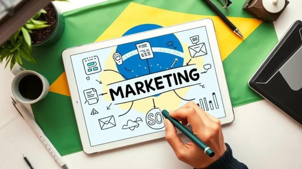 Overhead shot of a hand drawing a digital marketing plan on a tablet with various icons Plano de marketing digital em tablet com ícones de mídias sociais e SEO