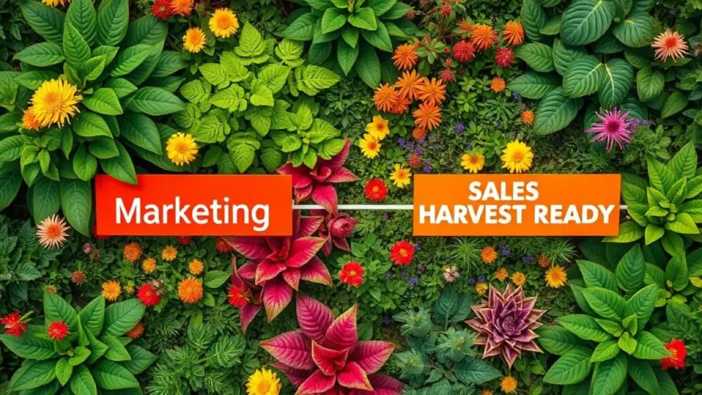 Overhead shot of a vibrant Brazilian garden with distinct sections labeled 'Marketing' (lush and Jardim brasileiro: Marketing (florescendo) e Vendas (colheita).