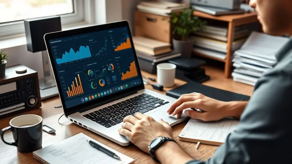 Person with laptop analyzing data dashboards, charts and graphs on screen, cluttered but organized Análise de dados de clientes em laptop no Brasil.