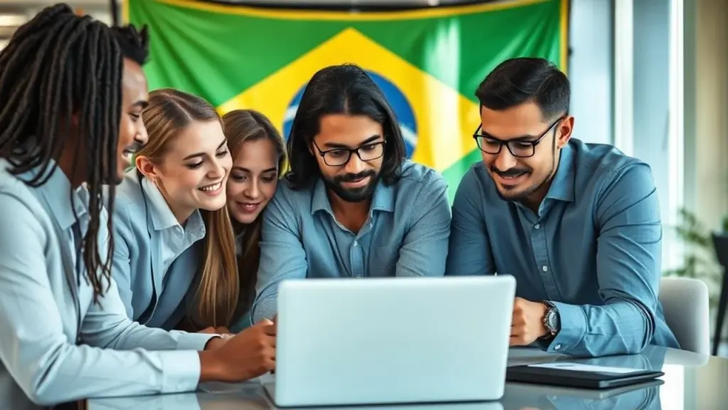 Professional commercial photography showcasing diverse team of Brazilian financial advisors Equipe de contadores auxiliando microempresa brasileira.