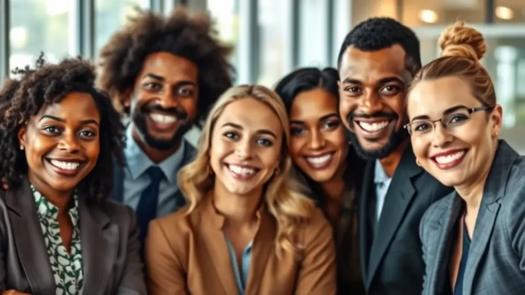 Professional headshot of a diverse group of Brazilian business professionals smiling confidently. Profissionais B2B diversos sorrindo em escritório moderno no Brasil
