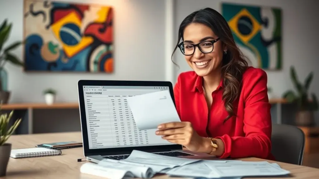 Professional lifestyle photography of a smiling Brazilian businesswoman organizing receipts and Microempresária brasileira organizando finanças da empresa.