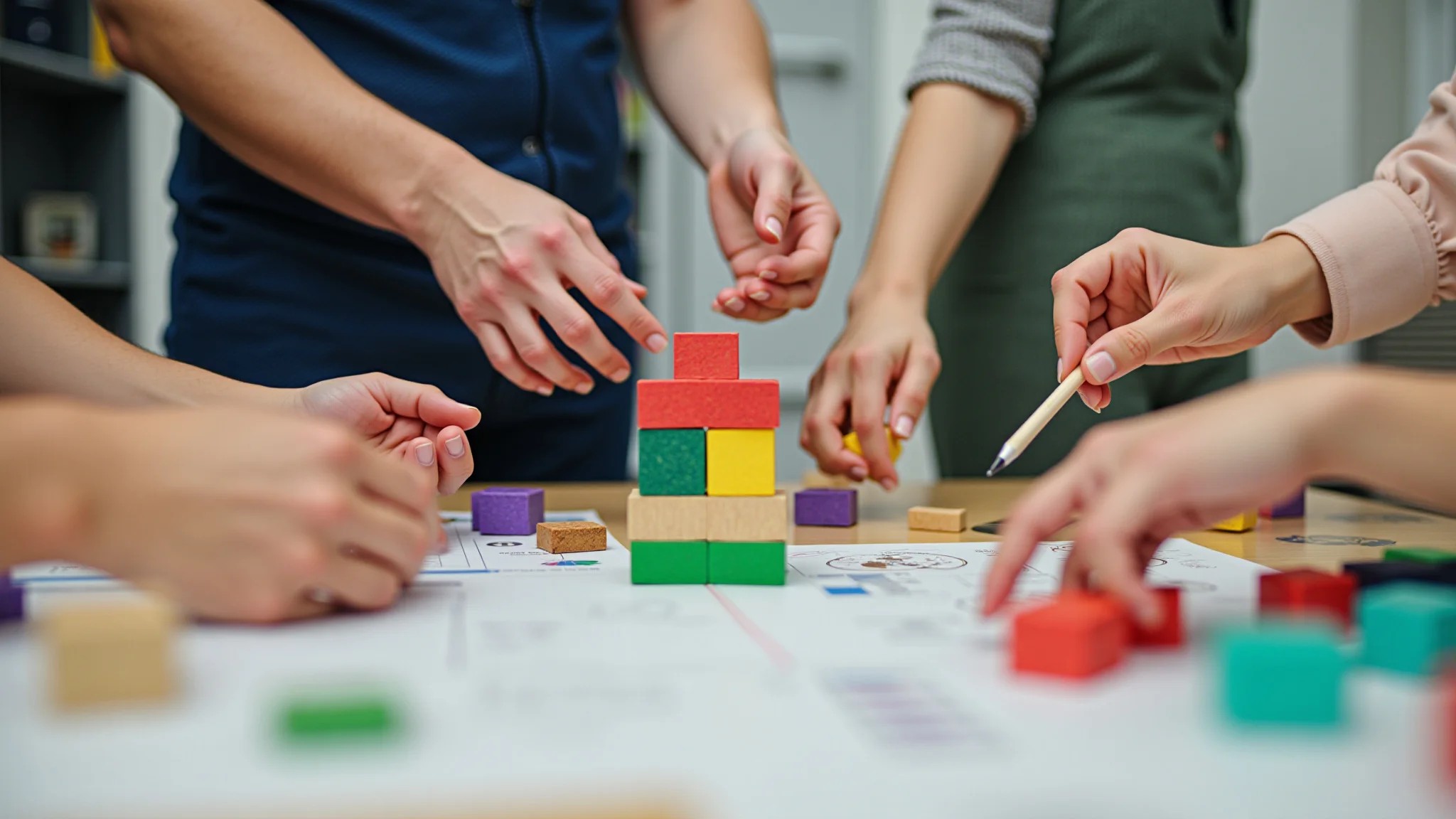Mãos diversas construindo estratégia de marketing com blocos, escritório colorido.