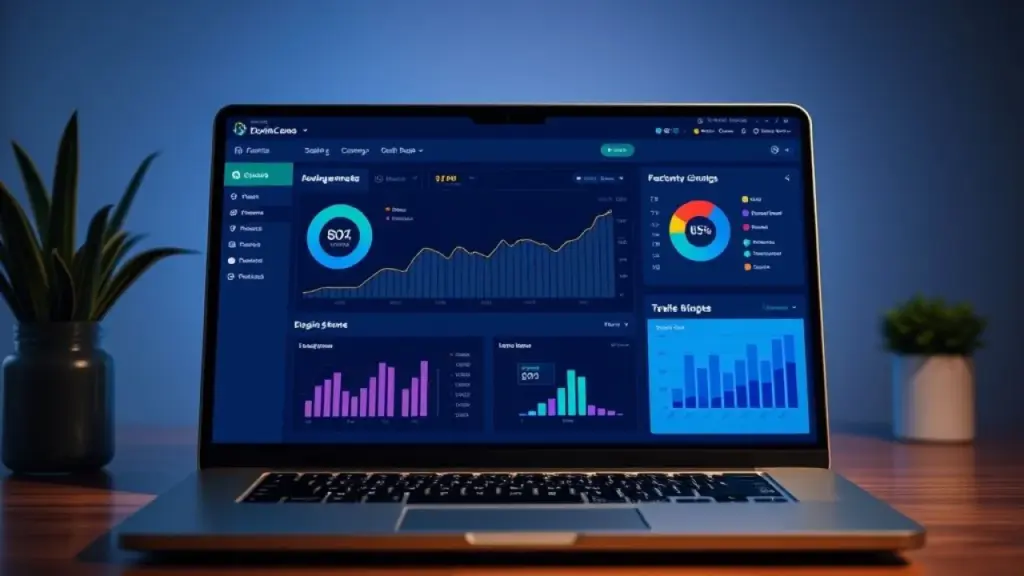 Screenshot of a user-friendly financial software dashboard on a laptop screen, professional Software de gestão financeira para contabilidade empresarial no Brasil.
