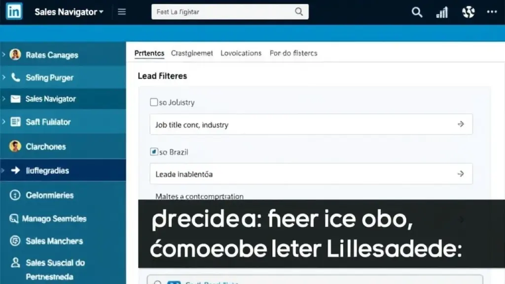 Screenshot of LinkedIn Sales Navigator interface, showcasing lead filtering and search Interface do LinkedIn Sales Navigator com filtros de busca