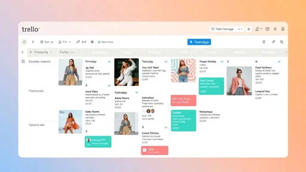 Screenshot of Trello board displaying a social media content calendar for a Brazilian fashion Calendário editorial em Trello para marca de moda brasileira.