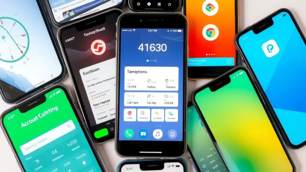 Several phone screens displaying different accounting software apps in Portuguese, arranged in a Telas de celulares mostrando diferentes aplicativos de software de contabilidade gratuitos em português.