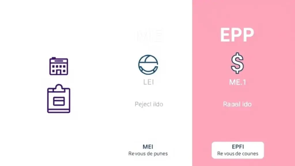 Side-by-side comparison graphic of MEI, ME, and EPP, using simple icons and Brazilian Real currency Comparativo MEI, ME e EPP: Faturamento, funcionários, regime tributário