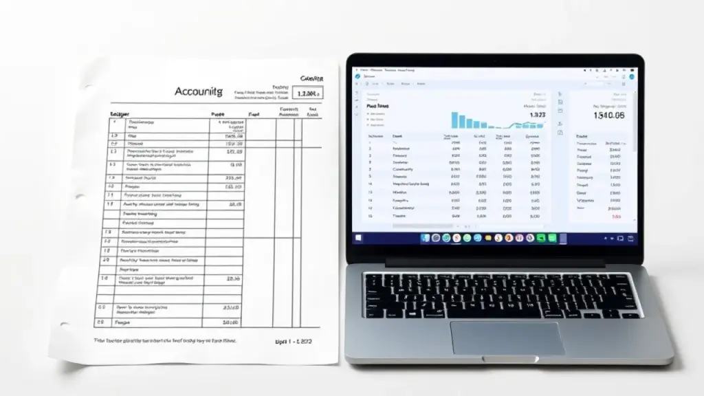 Side-by-side comparison of a traditional paper ledger and a modern laptop displaying accounting Comparação: contabilidade tradicional vs contabilidade online para MEI.