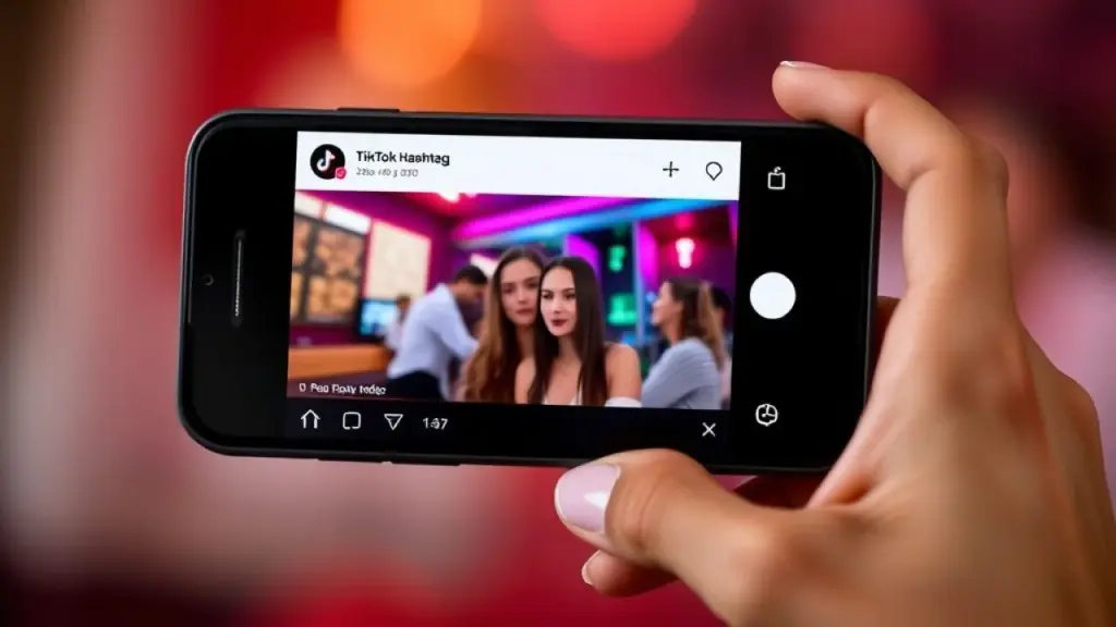 Smartphone displaying a TikTok video with trending hashtags visible in the caption, professional Hashtags em alta no TikTok para aumentar o alcance de vídeos