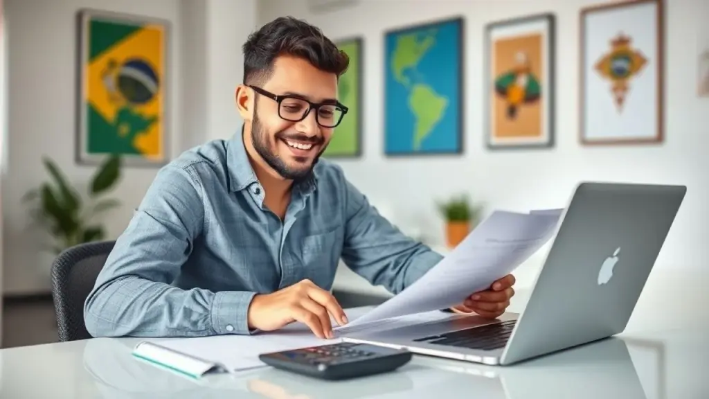 Smiling small business owner in Brazil reviewing financial documents at a brightly lit desk with a Pequena empresária brasileira sorrindo, analisando documentos financeiros em escritório. Notas fiscais, organização e sucesso.